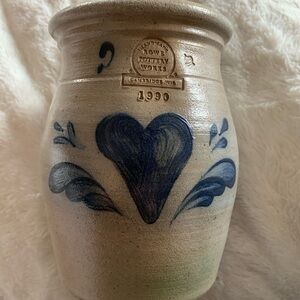 Vintage 1990 Rowe Pottery Blue Heart Stoneware Crock- Hand thrown